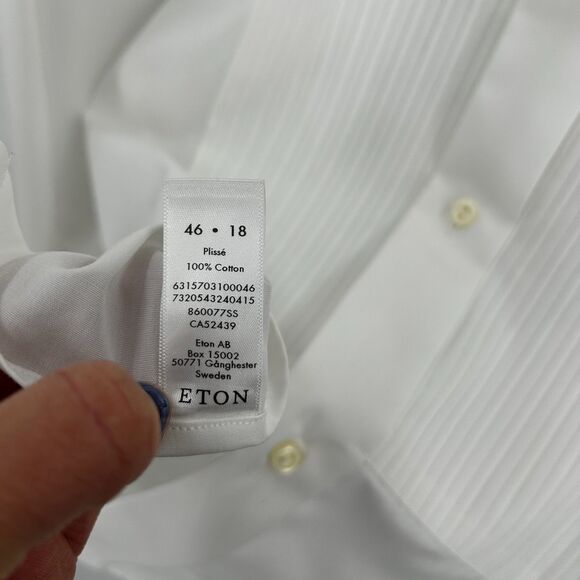 ETON Men White Pleated Button Down Formal Cuff Link Sleeve Shirt Size 46 Neck 18 - Picture 9 of 9